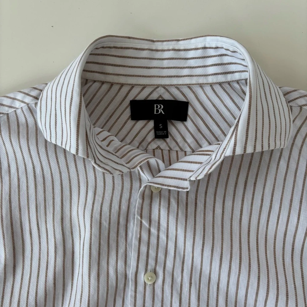 Banana Republic Men’s White Tan Striped Slim Linen-Cotton Dress Shirt Size Small